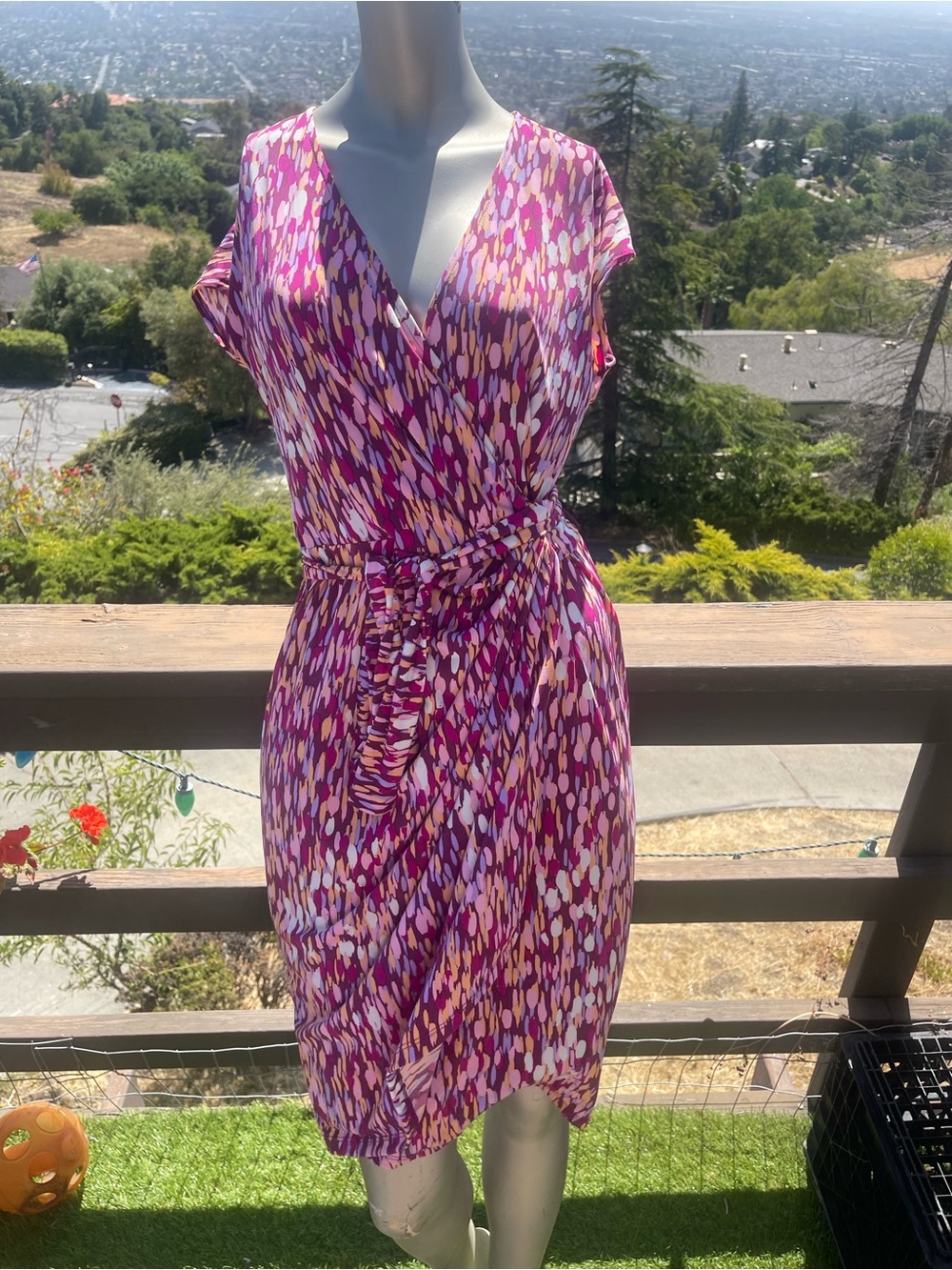 Maggy London Pink Multi-Color Wrap Dress with Tie Waist size 8